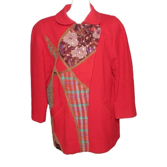 KOOS Van Den Akker Vintage 80s Jacket Wool Art To Wear Patchwork Red Size 8 - Picture 2 of 13